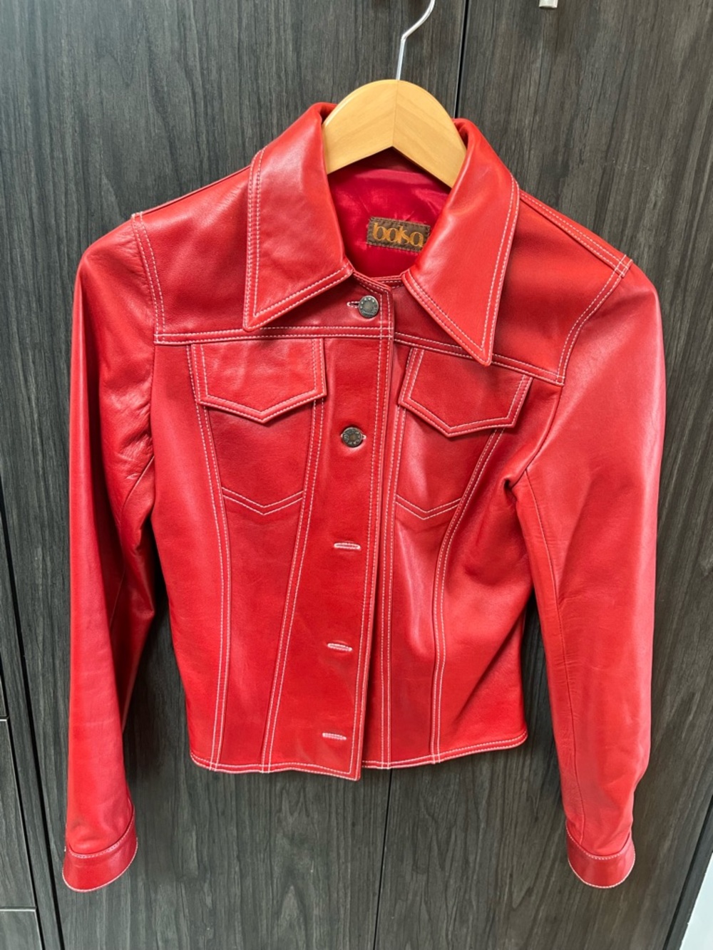 BOHO Red Real Leather Vintage-Style Jacket with Contrast Stitching